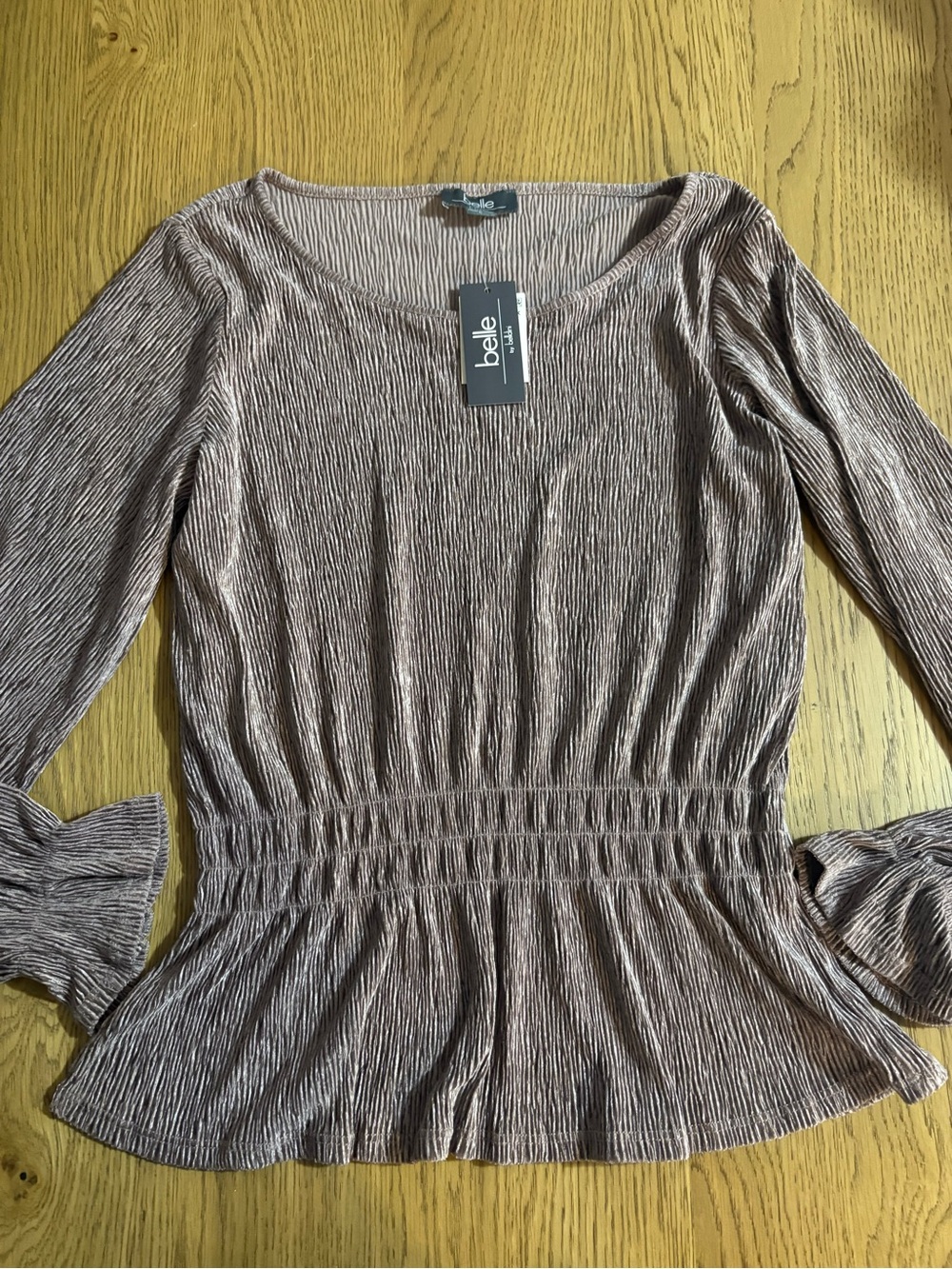 Belle by Kim Gravel Metallic Taupe Pleated Peplum Long-Sleeve Top